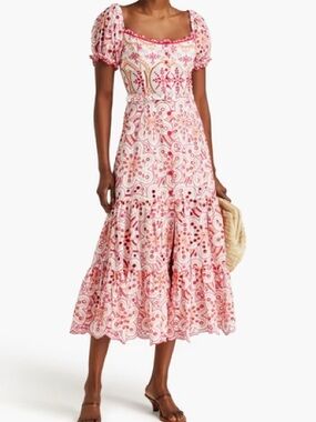 Charo Ruiz Pink & White Embroidered Eyelet Midi Dress WORN TWICE ORIGINALLY 850$